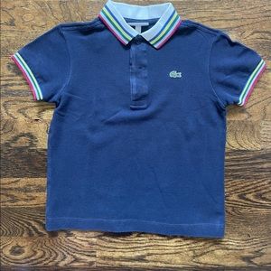 Navy Lacoste kids shirt with striped collar; size 6